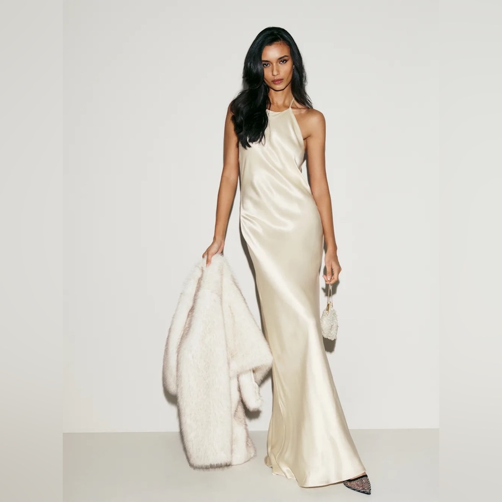 Reformation Satin Bias Halter Maxi Dress in Champagne